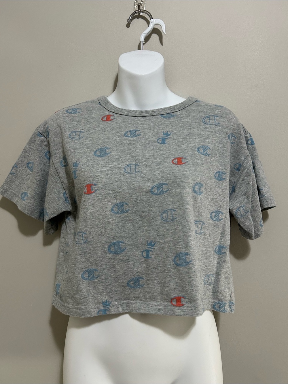 Champion Gray Cropped Tee with Blue and Red Logos